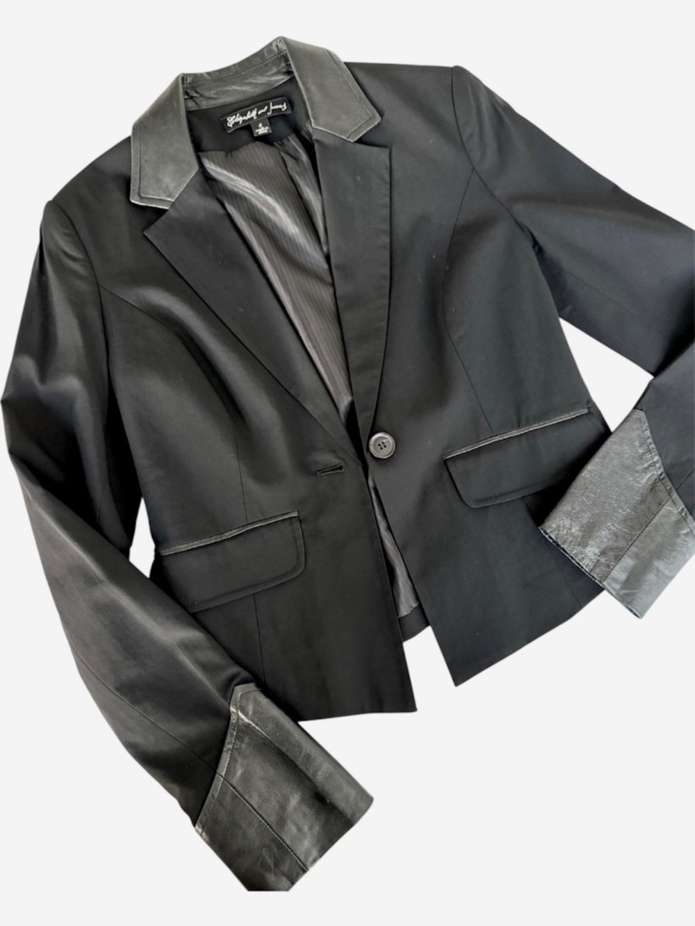 Elizabeth and James Cropped Ashford Leather-Trim Blazer in Black, Size 4